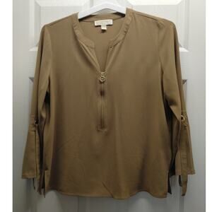 Michael Kors Women's Size Large Brown Roll Tab Tie Up Sleeves Zip Front Top